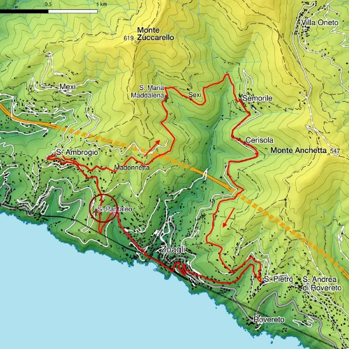 posizione sulla mappa della quinta tappa del sentiero dei 5 campanili di zoagli a san pantaleo