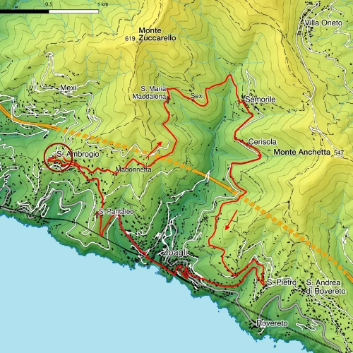 posizione sulla mappa della prima tappa del sentiero dei 5 campanili di zoagli a sant'ambrogio