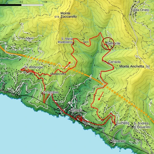 posizione sulla mappa della seconda tappa del sentiero dei 5 campanili di zoagli a semorile